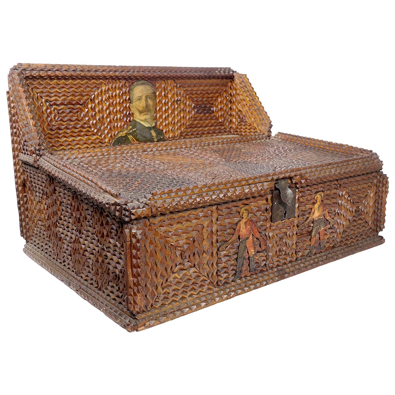 LATE-19TH-CENTURY tramp art box embellished with decoupage