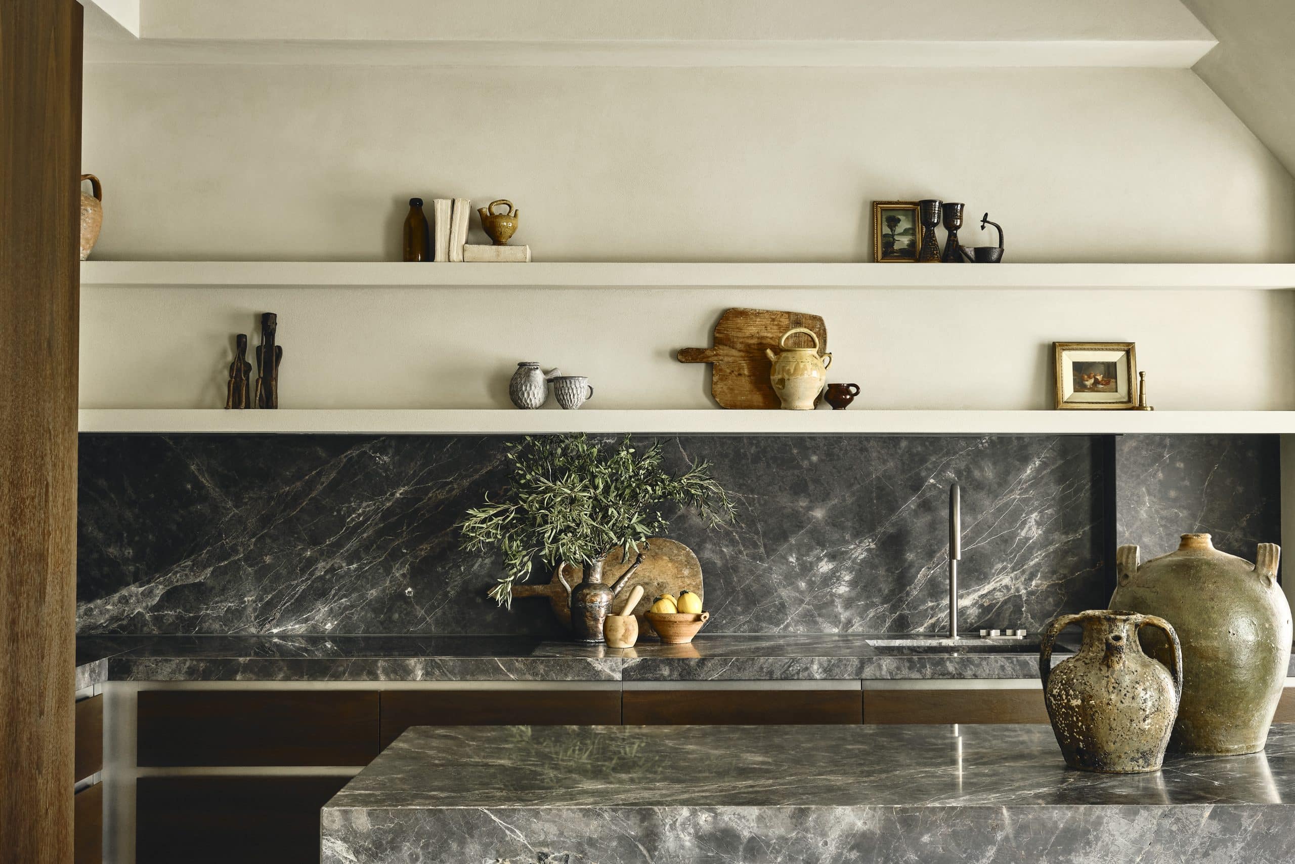 Banda interior design studio Tuscan-inspired London penthouse gray marble kitchen