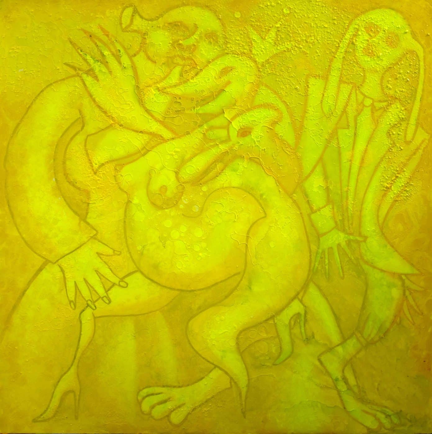 A panel from Anastasia Russa's 2017 work "Microsoft," depicting yellow figures on a yellow background