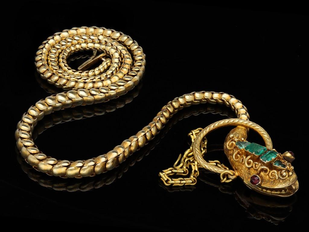 Emerald and garnet snake necklace