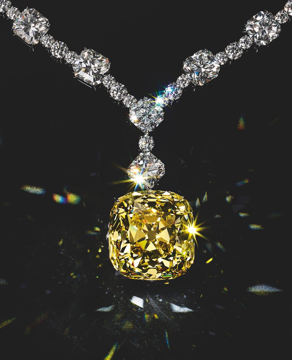 Detail of The Tiffany Diamond in Necklace Platinum, gold, diamonds, colored diamond 