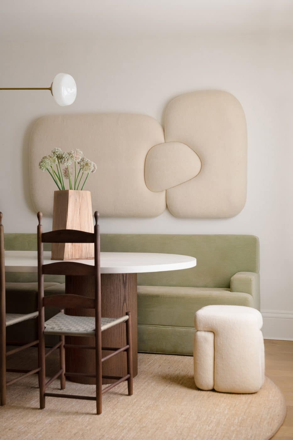 San Francisco design firm Studio AHEAD Dolores Heights home dining room Klein Agency table Sheep headboard on wall Shaker chairs  and Sheep stool on rug