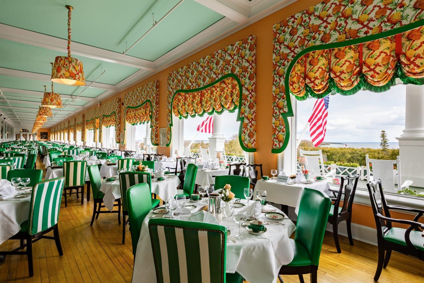 The main dining room at the Grand Hotel in Mackinac Island, Michigan