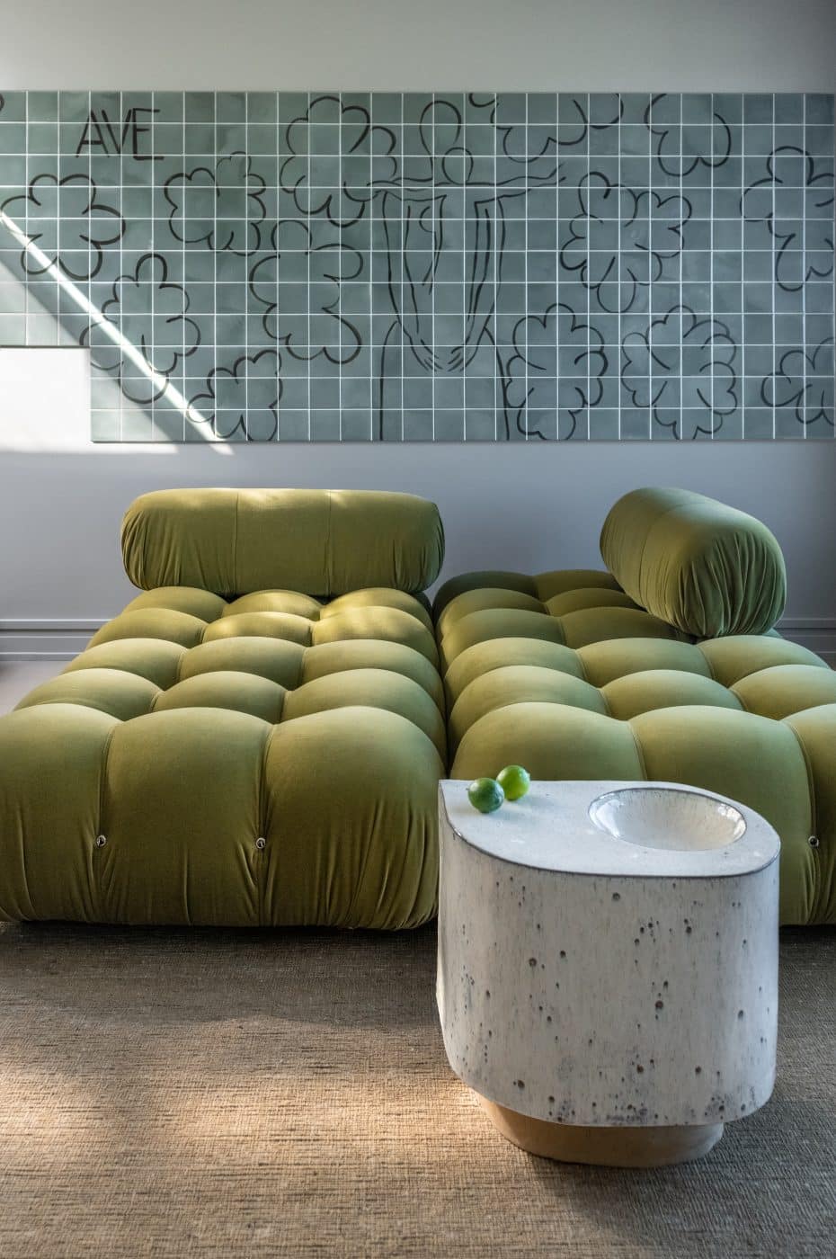 San Francisco design firm Studio AHEAD Noe Valley apartment living room Mario Bellini Camaleonda sofa green