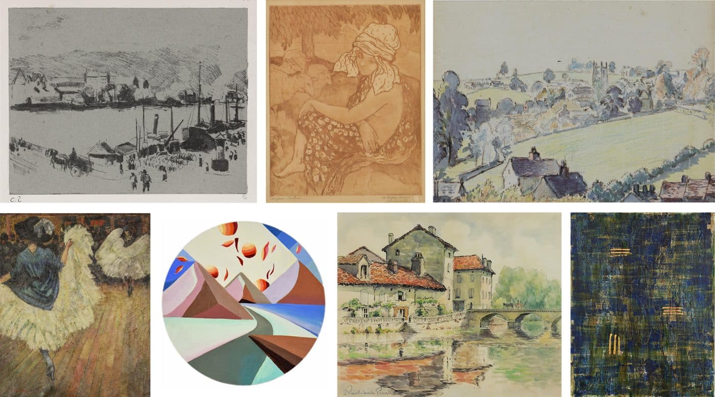 A collage of 7 drawings and paintings by Camille Pissarro and his descendants