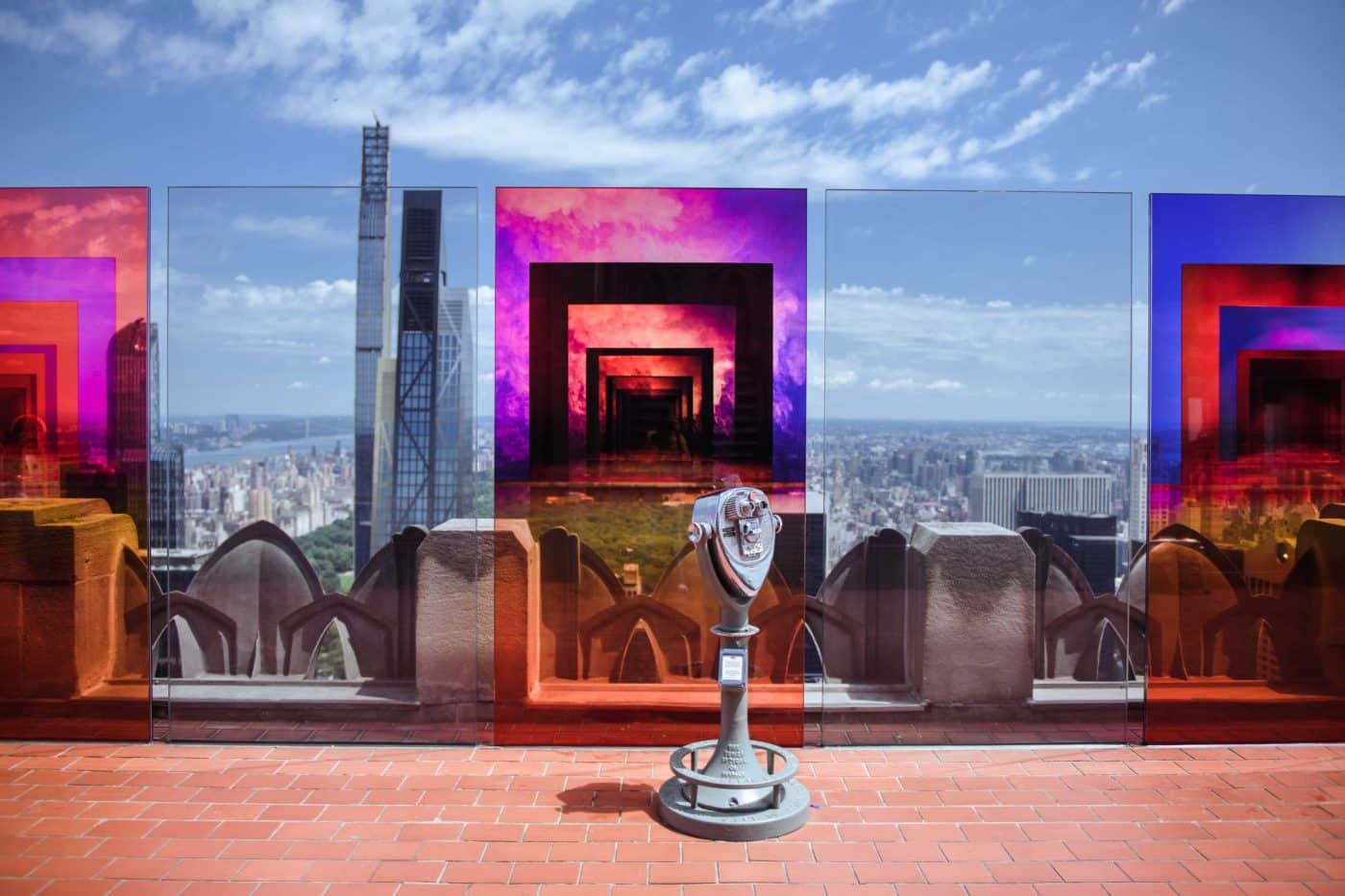 Pieces from Sarah Mehoyas's “Speculations” series are installed on Rockefeller Center's Top of the Rock, in New York.