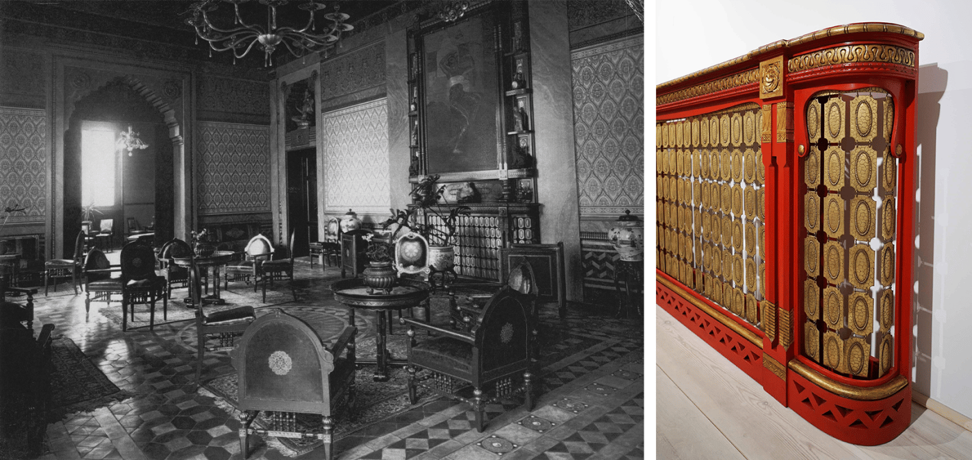 A black-and-white photo of a large room in Milan's Palazzo Scalini paired with a color photo showing a detail of the red-and-gold radiator cover designed by Galileo Chini and Carlo Spicciani from that room