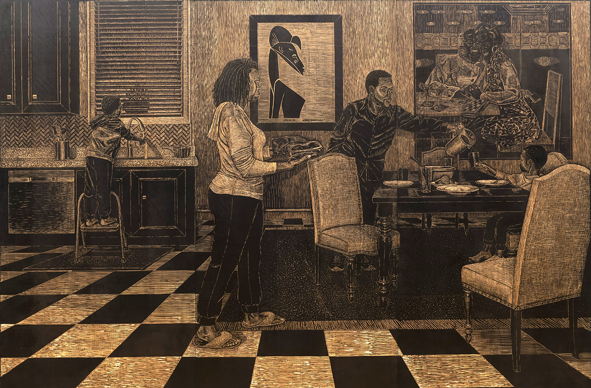 Woodcut of a family at dinner by LaToya Hobbs