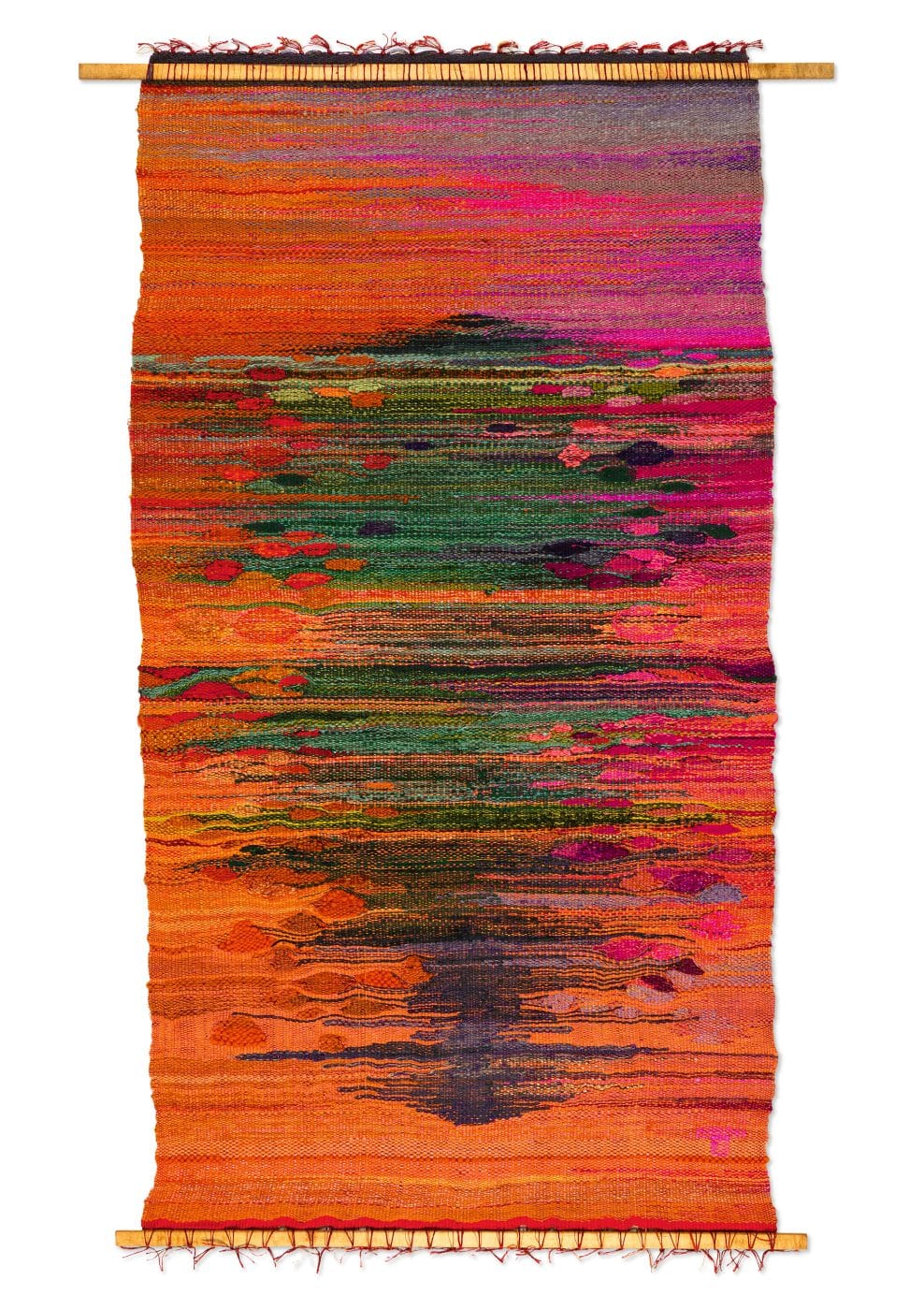 An orange and multicolor tapestry by American fiber artist Lenore Tawney