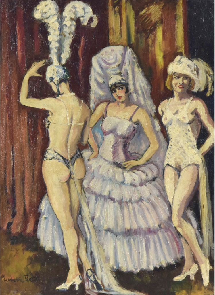 "Cabaret Dancers," a 1906 oil painting depicting three female cabaret performers in costume by a stage curtain