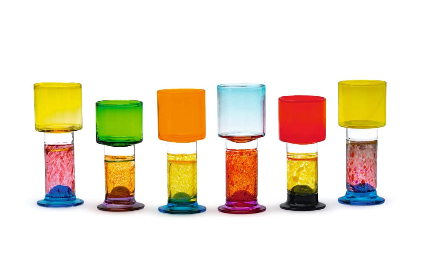 Multicolor goblets of various heights by Finnish designer KAJ FRANCK