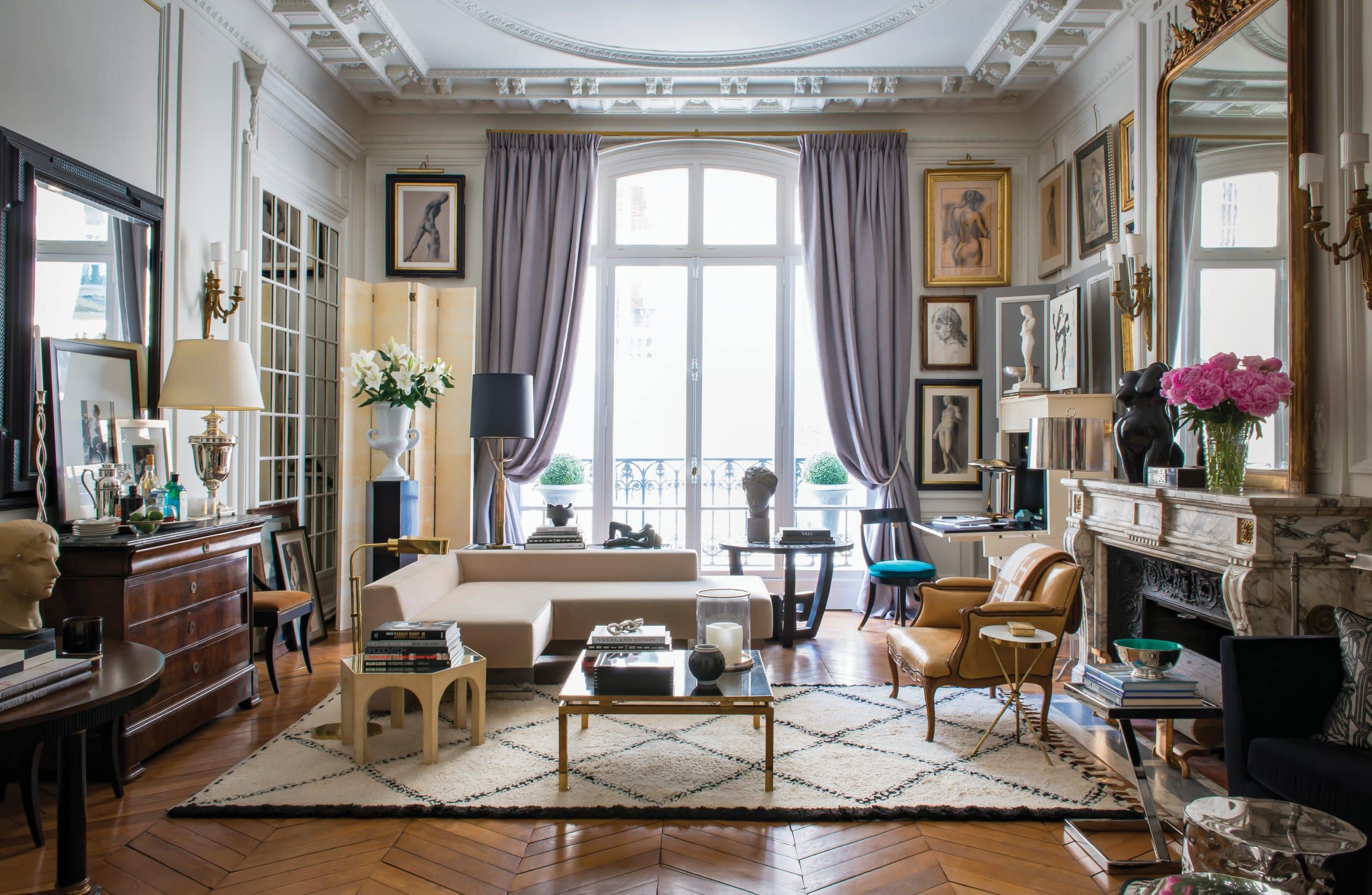 Interior designer David Jimenez living room of his former home on Paris's avenue Marceau from his book Parisian By Design published by Rizzoli 