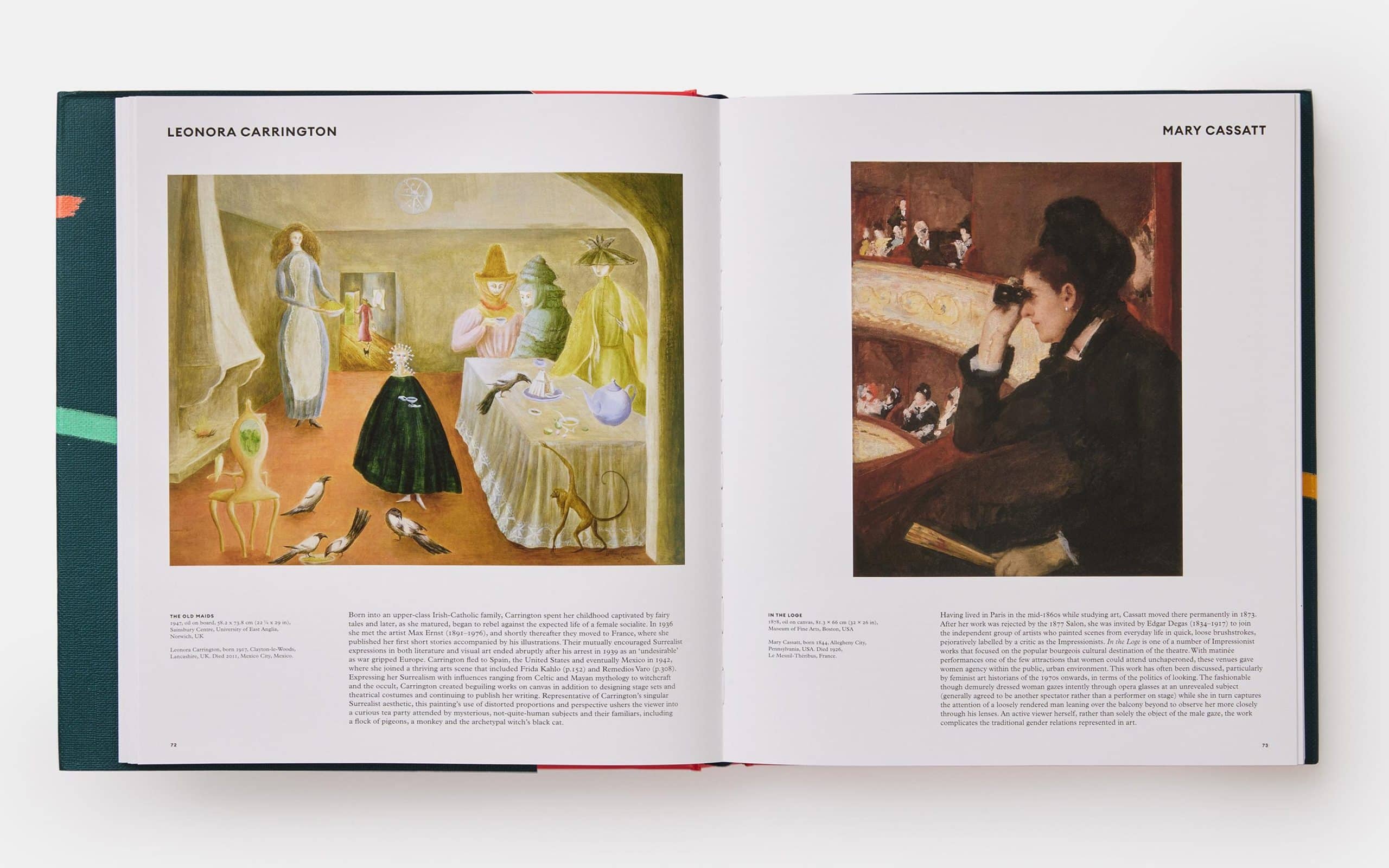 Great Women Painters Phaidon Allison Gingeras spread with Lenora Carrington's The Old Maids and Mary Cassatt's In the Loge