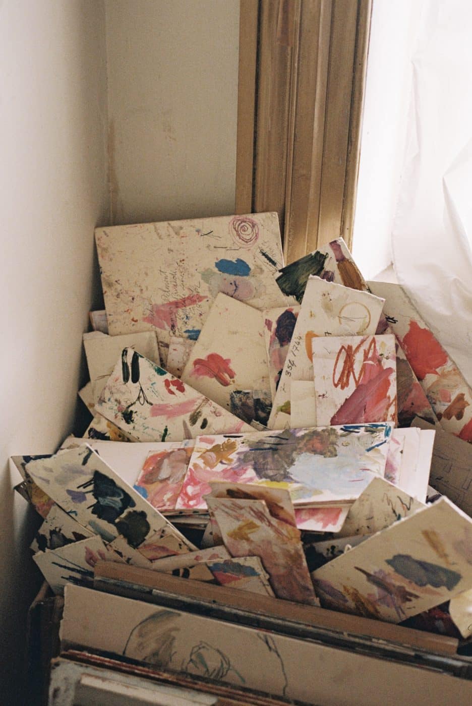 a collection of palettes in Howard Tangye's studio