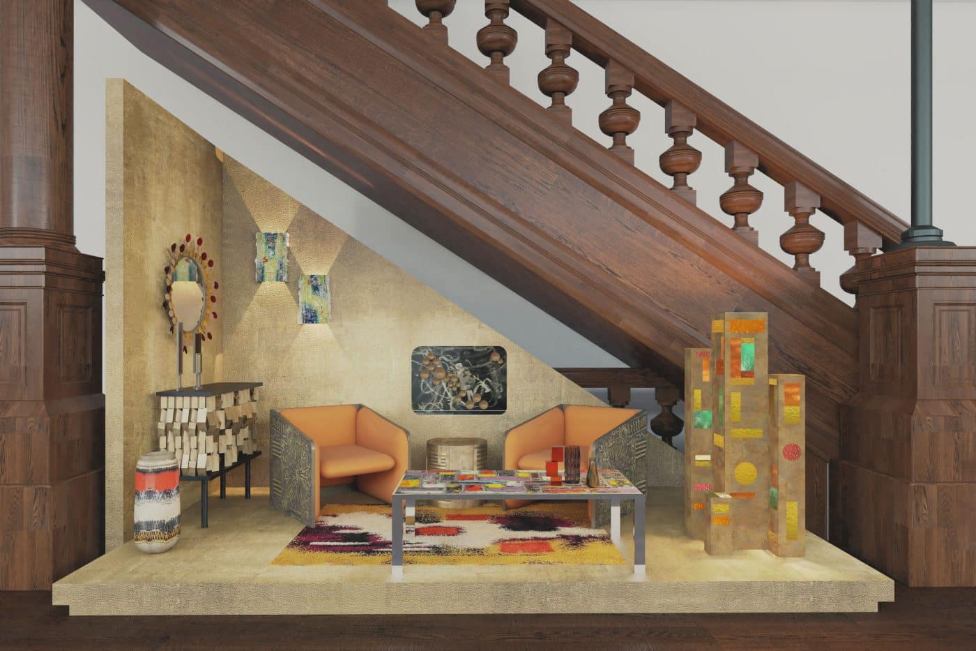 Rendering of a display of brutalist furniture in the foyer of the Park Avenue Armory by interior designer  Amy Lau 