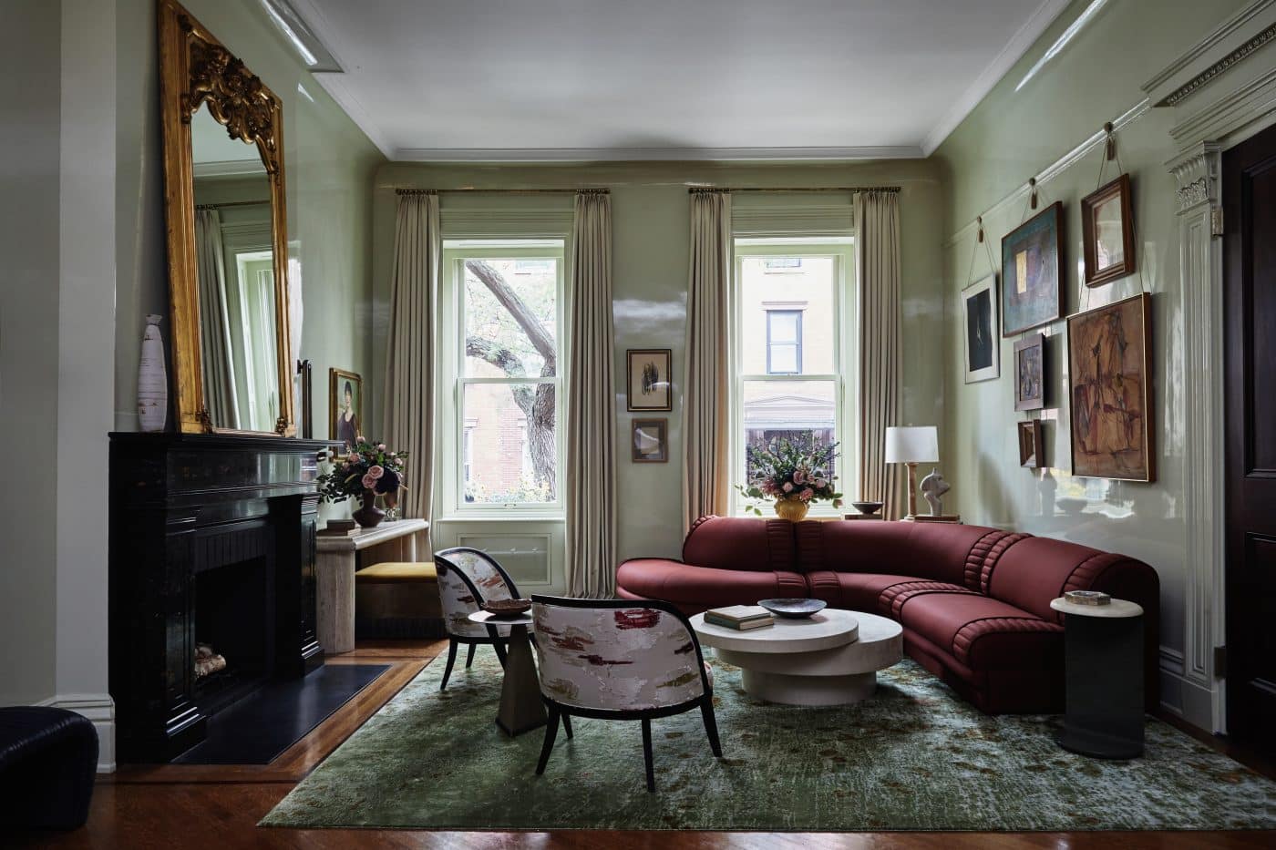 Brooklyn double parlor with pistachio lacquered walls designed by Jennifer Chused