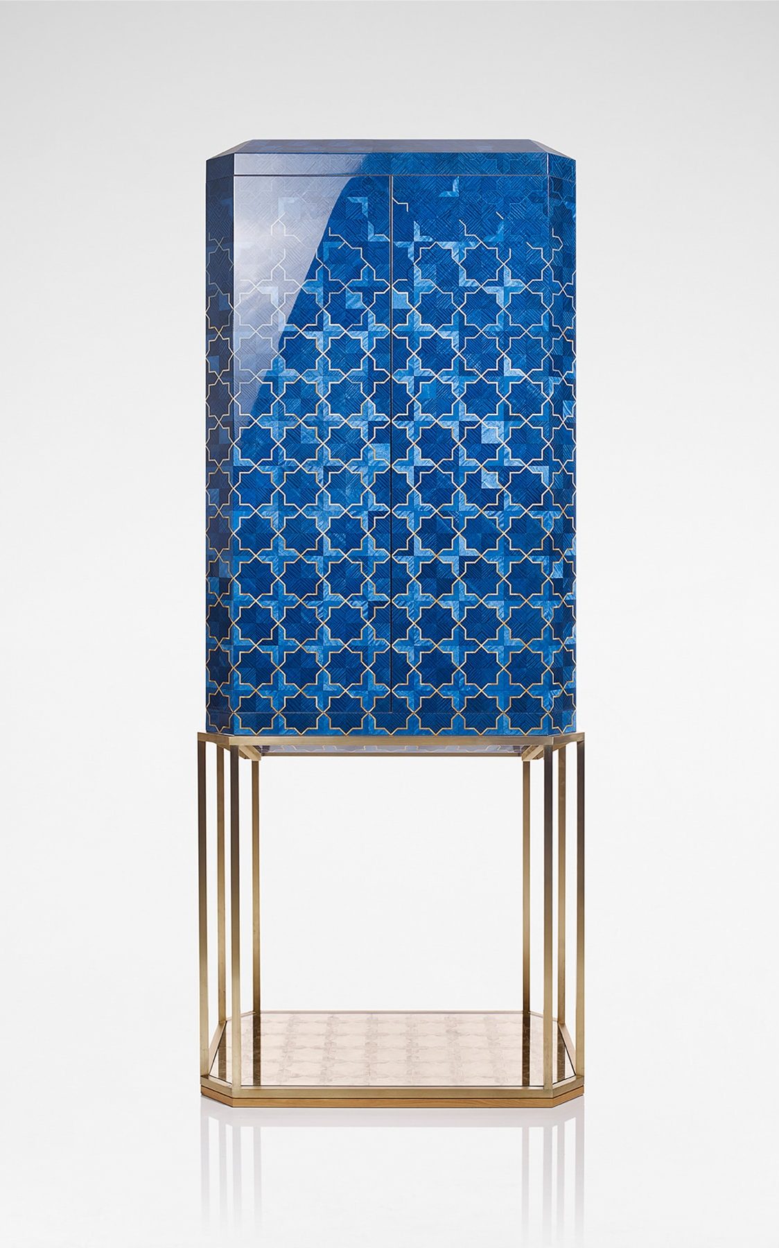 A blue marquetry cabinet by Linley