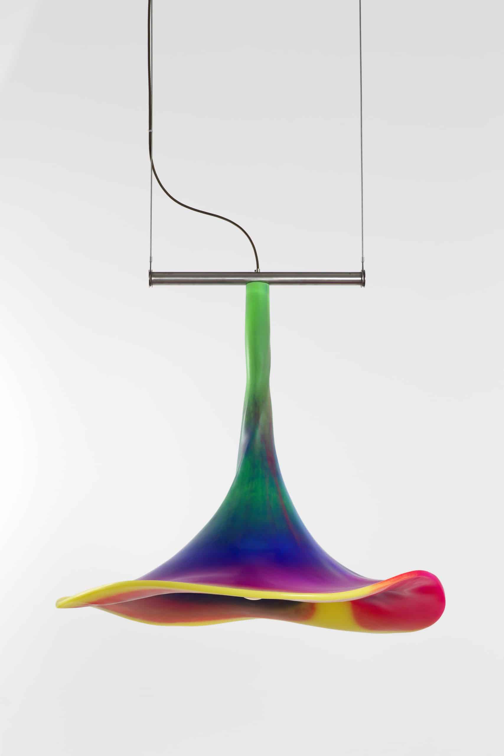 Chandelier by Paula Hayes with a rainbow-colored trumpet-shaped shade