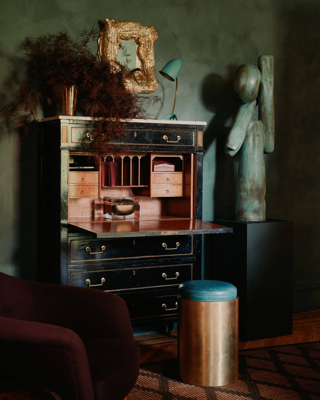 Sage and gold Brooklyn living room designed by Mike Rupp