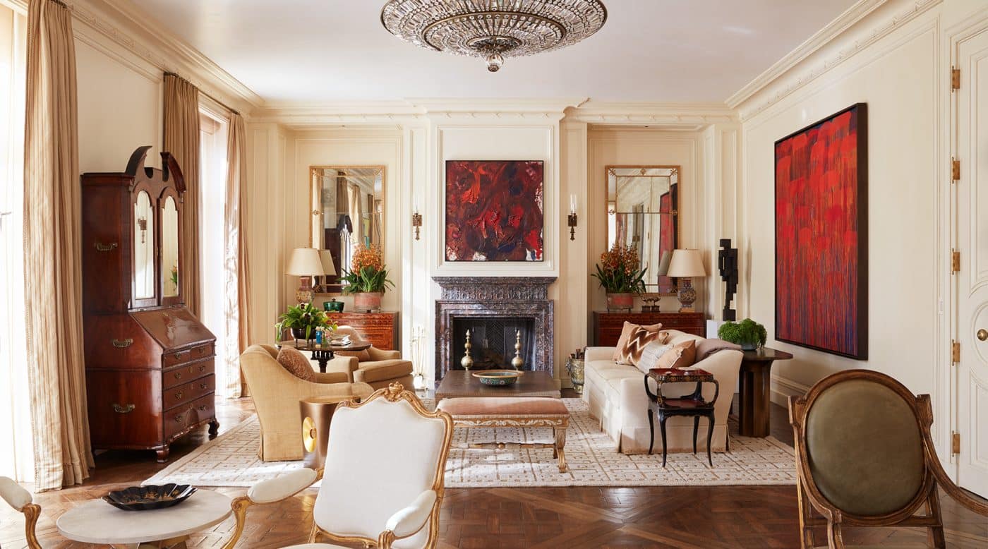 San Francisco neoclassical mansion sitting room by interior designer Suzanne Tucker with Pat Steir and Kazuo Shiraga abstract paintings