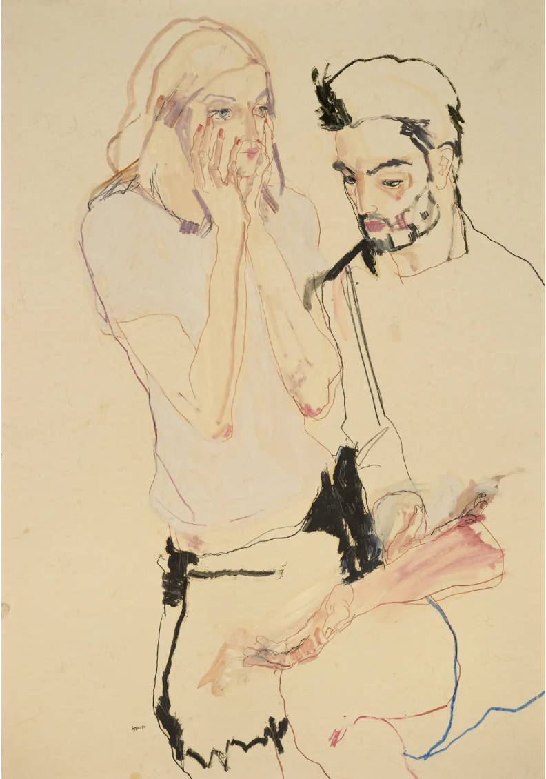 Sarah & Asad (Hands to Face), 2016, by Howard Tangye