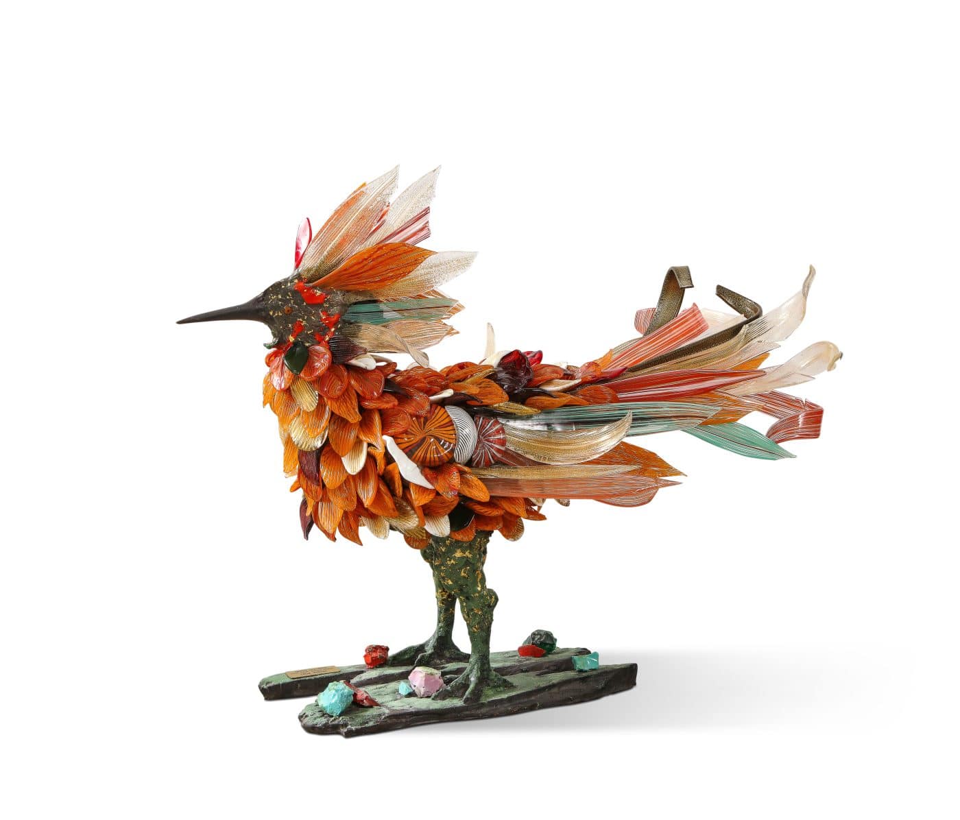 A multicolor glass bird sculpture by Toni Zuccheri