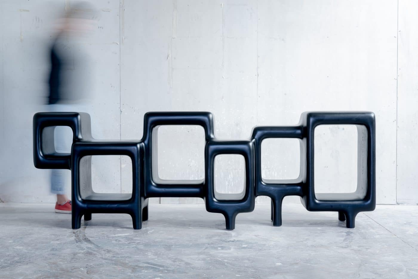 Black lacquered sideboard by gt2P resembling a row of open squares in different sizes