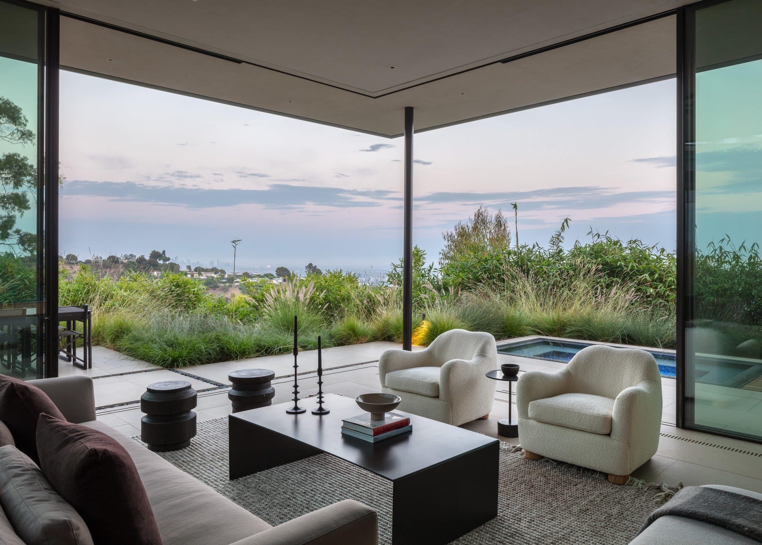 A seating area in a modernist house in Beverly Hills designed by JSN STUDIO