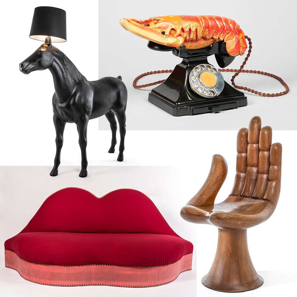 Clockwise from top right: Salvador Dalí's 1938 Lobster telephone, a 1962 Pedro Friedeberg Hand chair, Salvador Dalí and Edward James's ca. 1938 Mae West’s Lips sofa and a 2006 Horse lamp by Front Design for Moooi