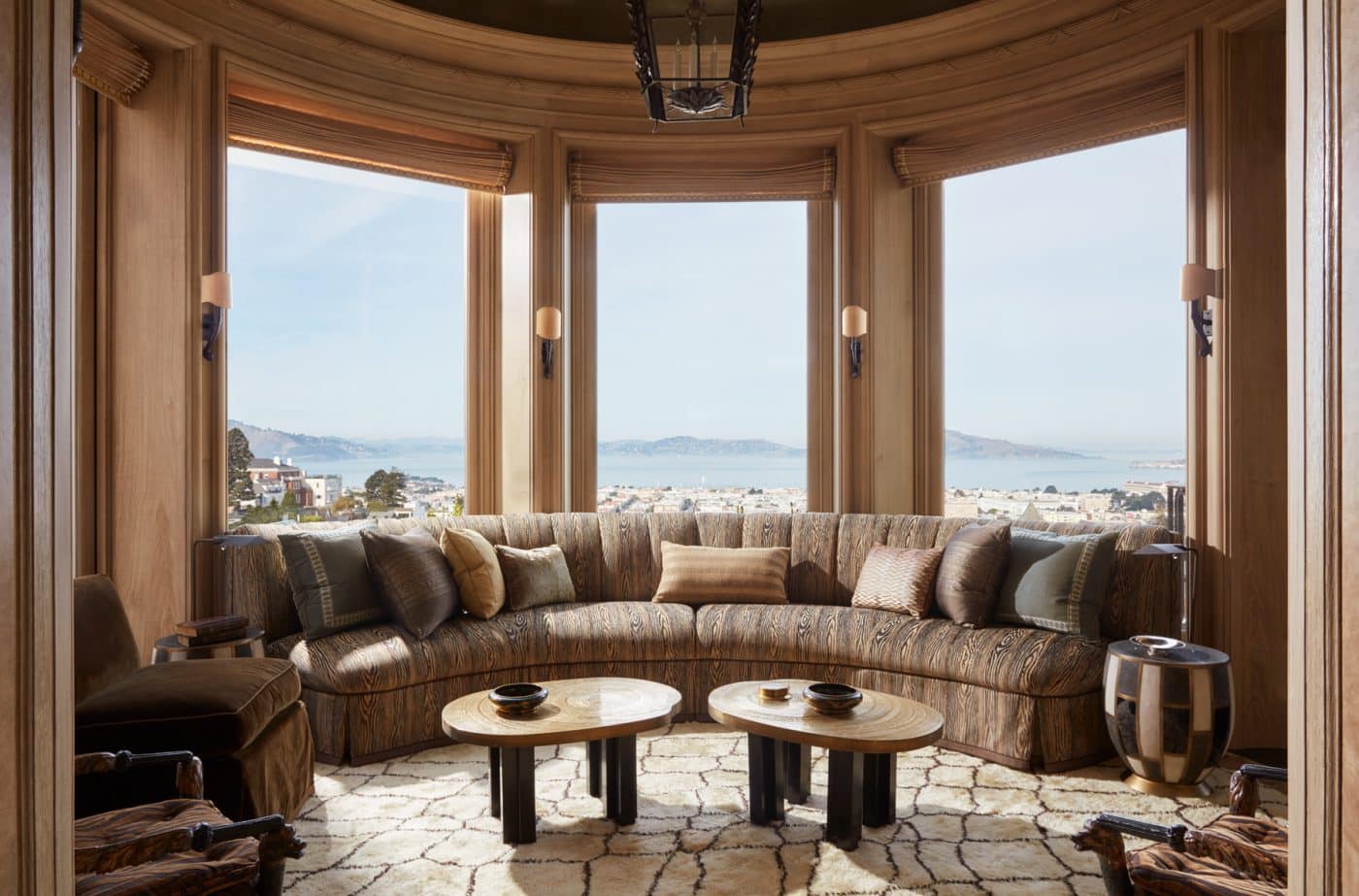 San Francisco neoclassical mansion library by interior designer Suzanne Tucker with bay windows over the bay