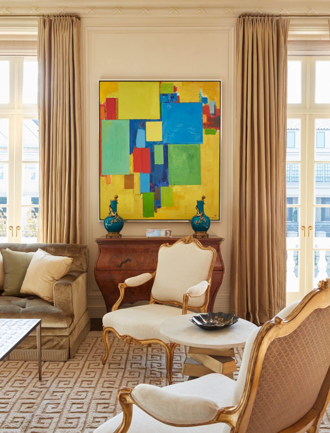 San Francisco neoclassical mansion living room by interior designer Suzanne Tucker with Hans Hofmann abstract painting