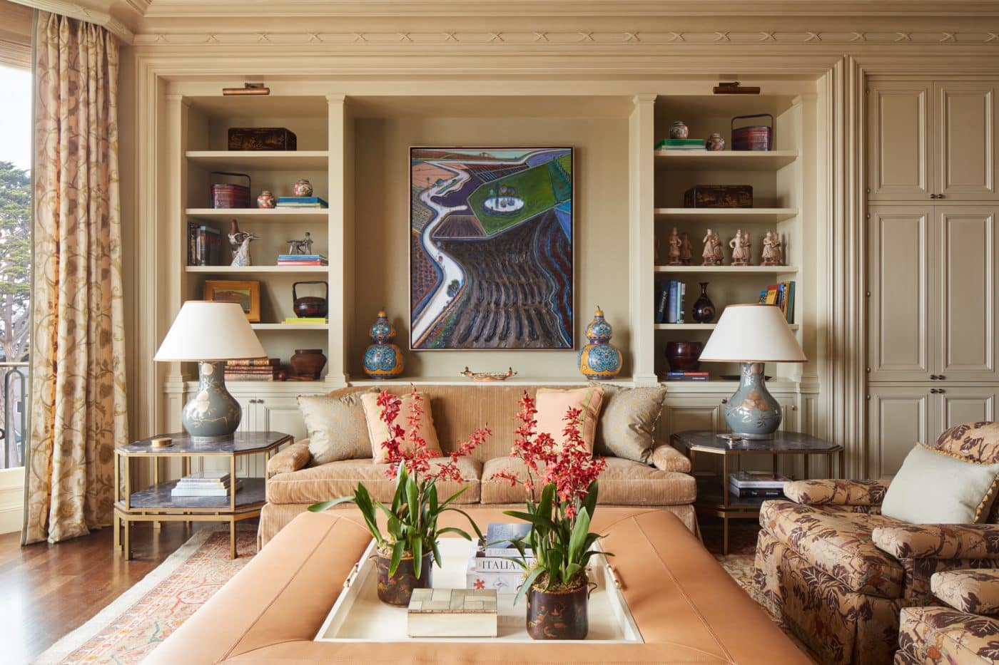 San Francisco neoclassical mansion sitting room by interior designer Suzanne Tucker with Wayne Thiebaud abstract painting