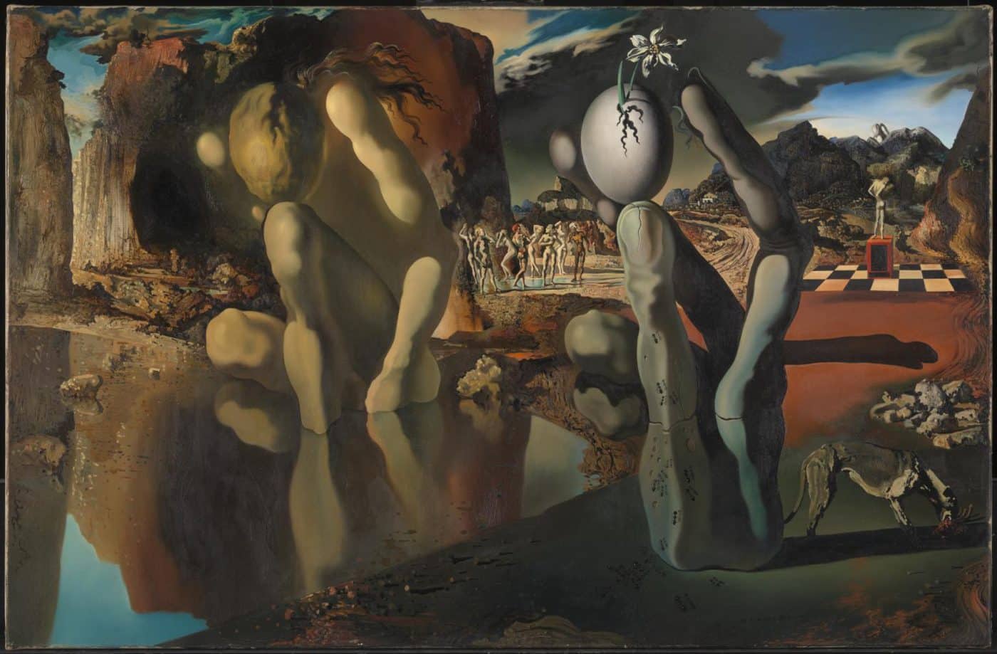 A Salvador Dalí landscape painting with two giant hands composed of fingers and legs next to a body of water.