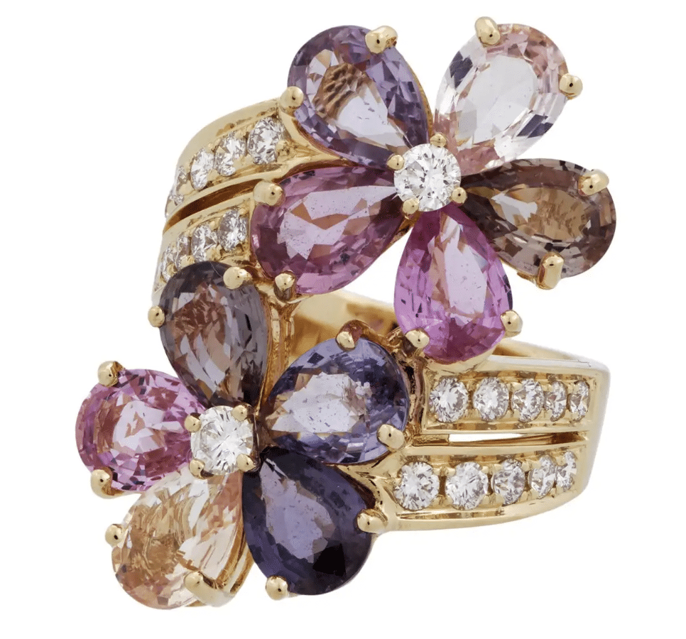 Bulgari ring of multicolored sapphires and diamonds forming two flowers