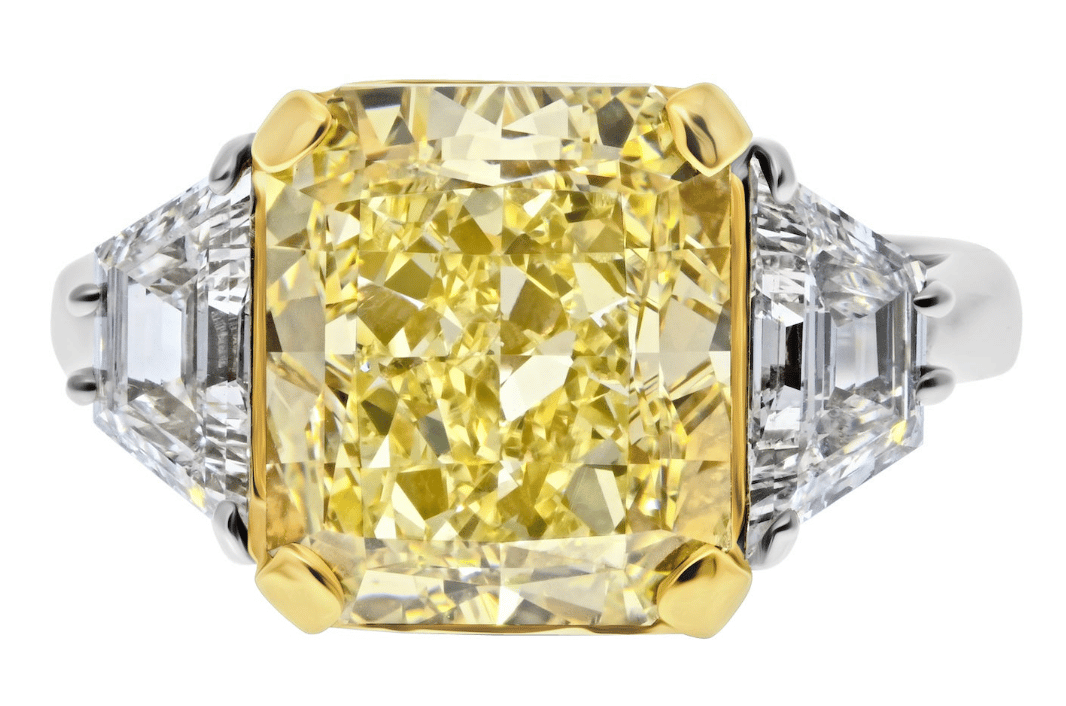 7.05-Carat Radiant Cut Fancy Yellow GIA VS2 Three Stone Diamond Engagement Ring, 2022