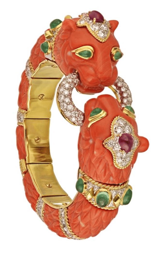 David Webb Coral Double Lion Head Bangle Bracelet, 2000-2009