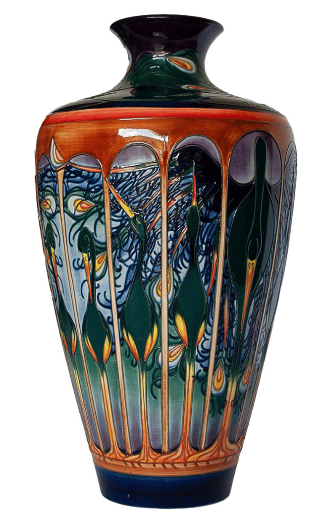 Arts and Crafts-style Gatekeeper vase with peacock motifs by contemporary ceramicist Emma Bossons for Moorcroft Pottery