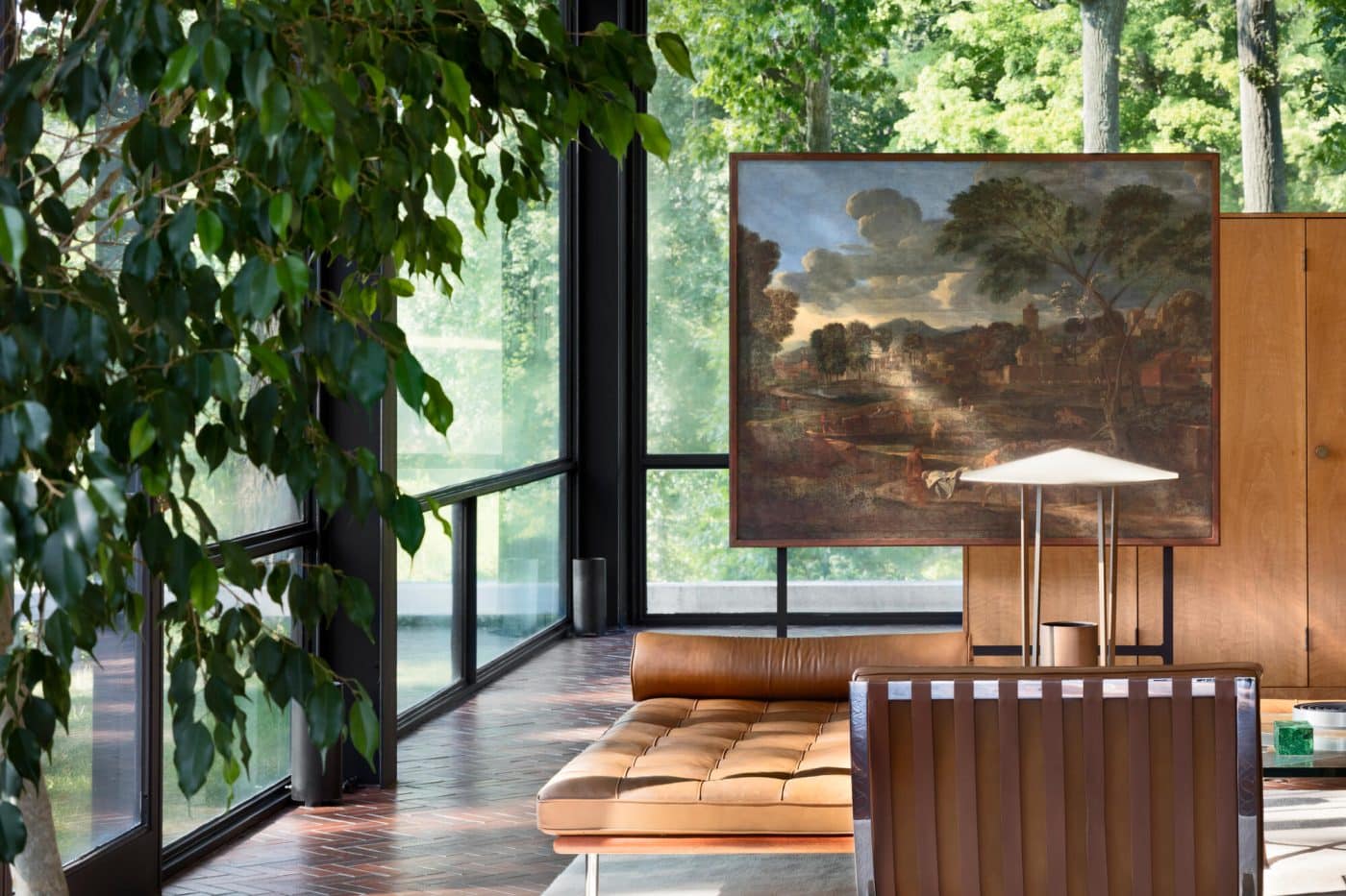 Philip Johnson Glass House living room Barcelona daybed and chair by Mies van der Rohe painting by Nicholas Poussin