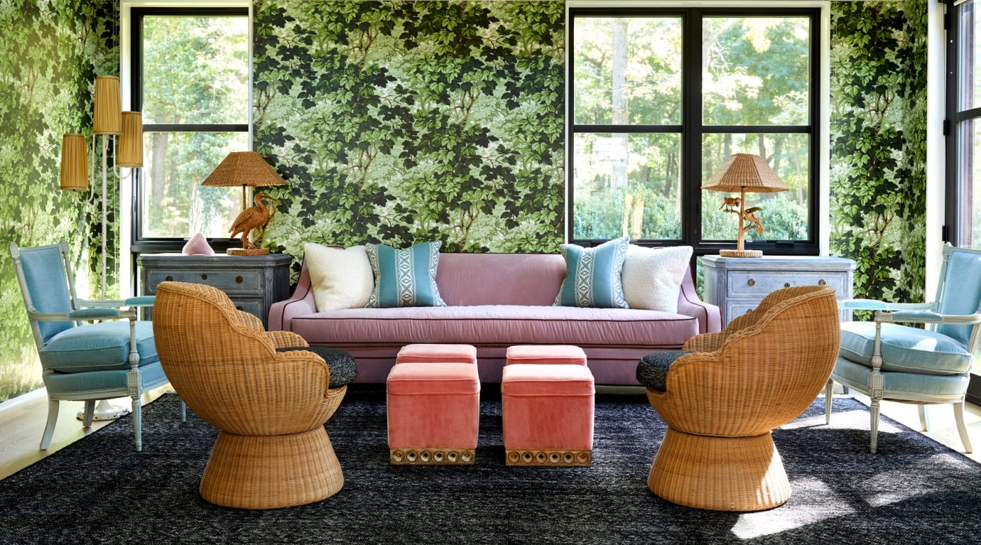 Interior designer Sasha Adler living room in Lake Michigan house with a leafy green allover wallpaper, Mario Lopez Torres bird lamps
