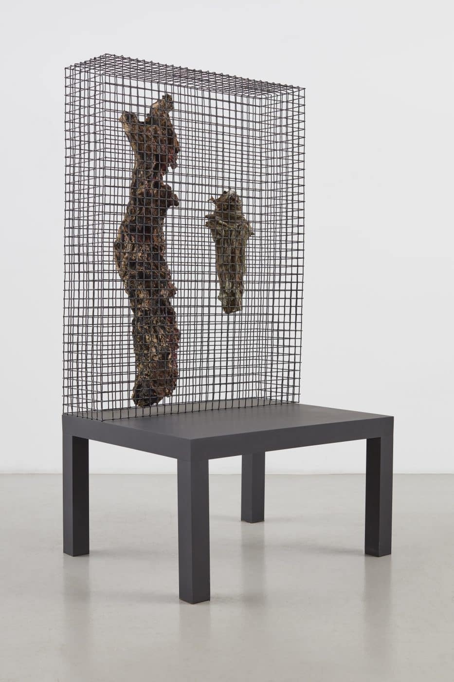 An Andrea Branzi Roots chair with a gray seat and a wire mesh back containing two pieces of gnarled wood