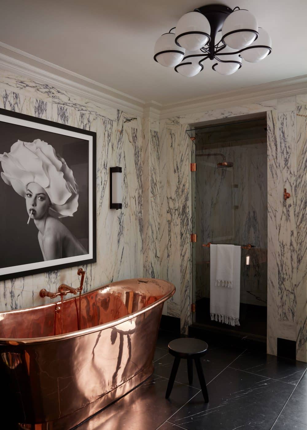 Primary bathroom of apartment in Fitzroy building in New York City by interior designer Shawn Henderson