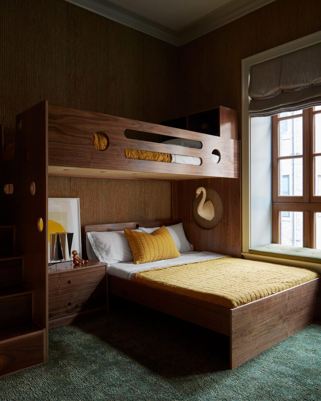 Childrens' bedroom bunk beds of apartment in Fitzroy building in New York City by interior designer Shawn Henderson
