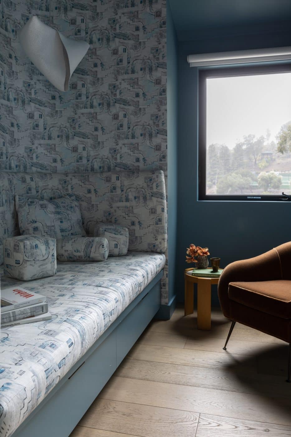 Reading nook of Hillsborough home in San Francisco suburbs designed by interior designer Michael HIlal