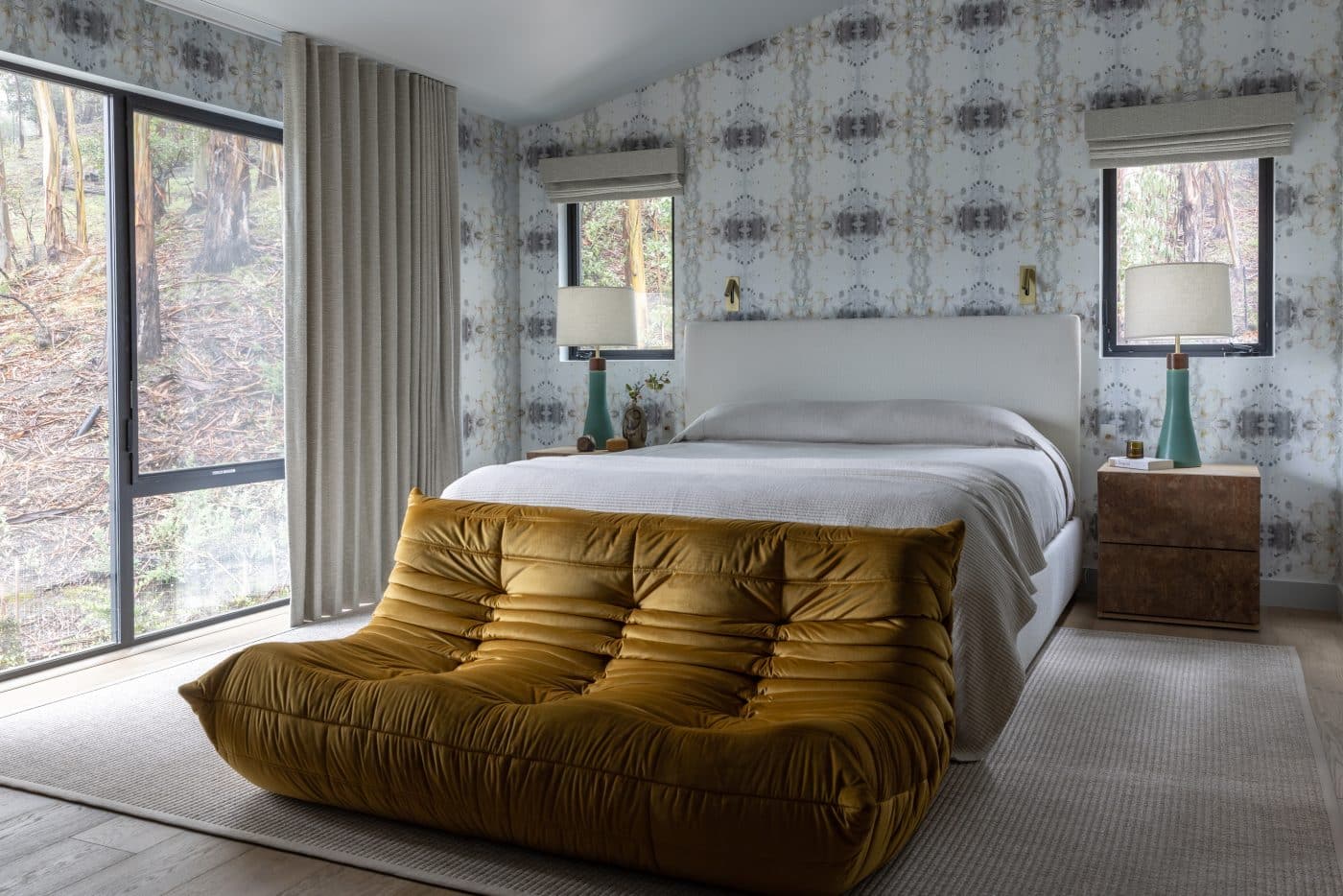 Primary bedroom of Hillsborough home in San Francisco suburbs designed by interior designer Michael HIlal