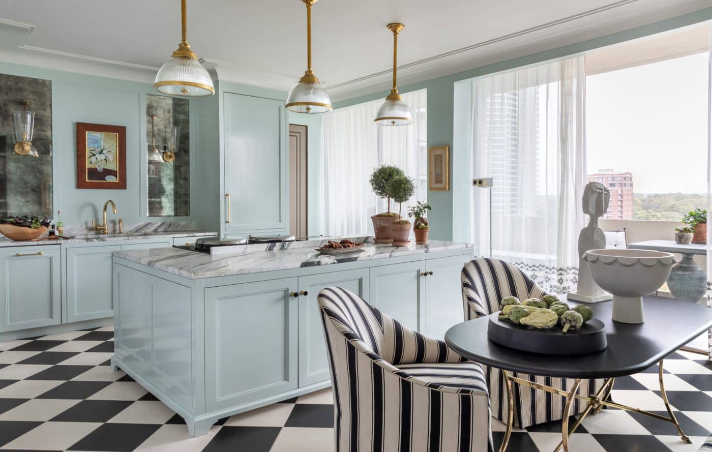 Kitchen island of Katie Walker's Atlanta condo apartment designed by Beth Webb