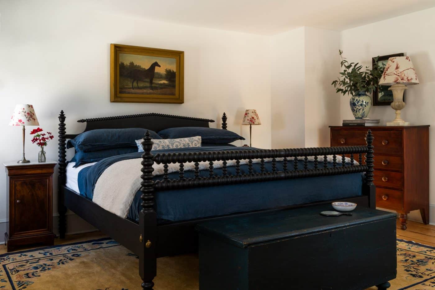 Primary bedroom of Karen and Thomas Richter's Pound Ridge, New York, farmhouse.