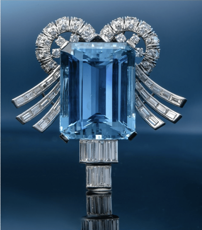 Aquamarine, Diamond and Platinum Brooch, 1940s