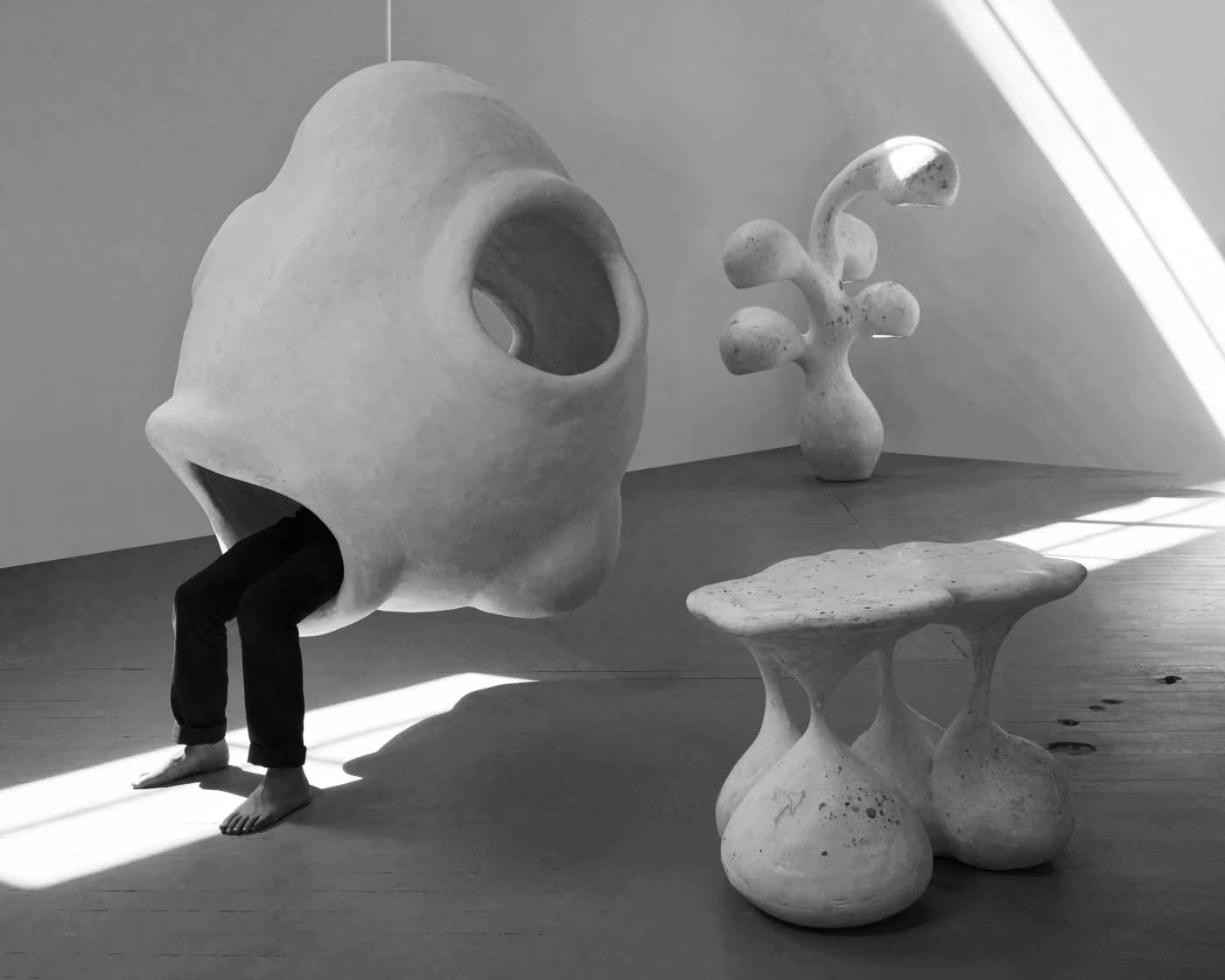 Rogan Gregory's Hermaphroditee sitting environment, Fertility Form illuminated sculpture and untitled terrazzo side table