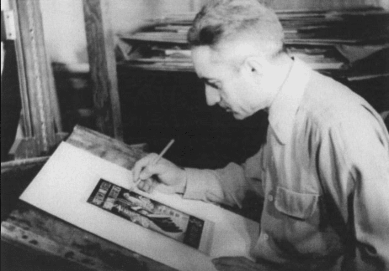 Antonio Petruccelli painting in his studio in the mid-20th century.