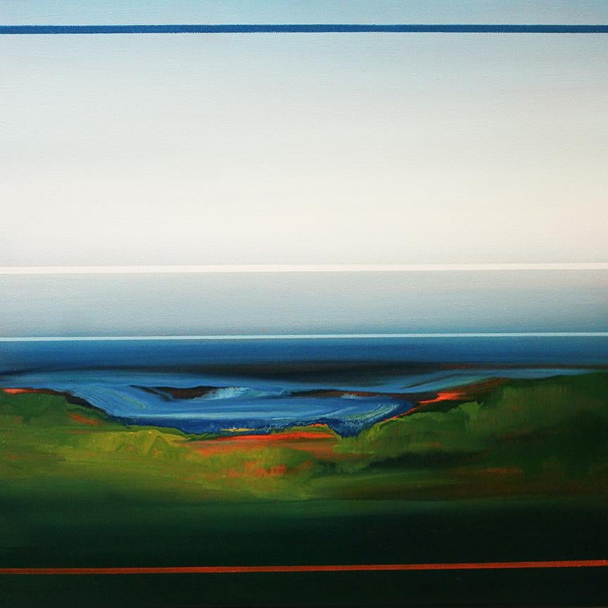 "Higher Ground I," a 2022 oil painting of a green landscape in front of a blue seascape and a hazy blue horizon